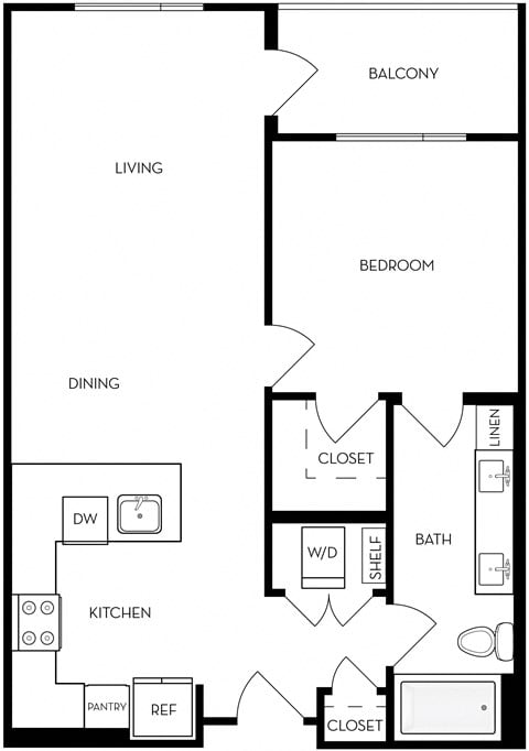 Floor plan for 1 bed, 1 bath, 746 sqft